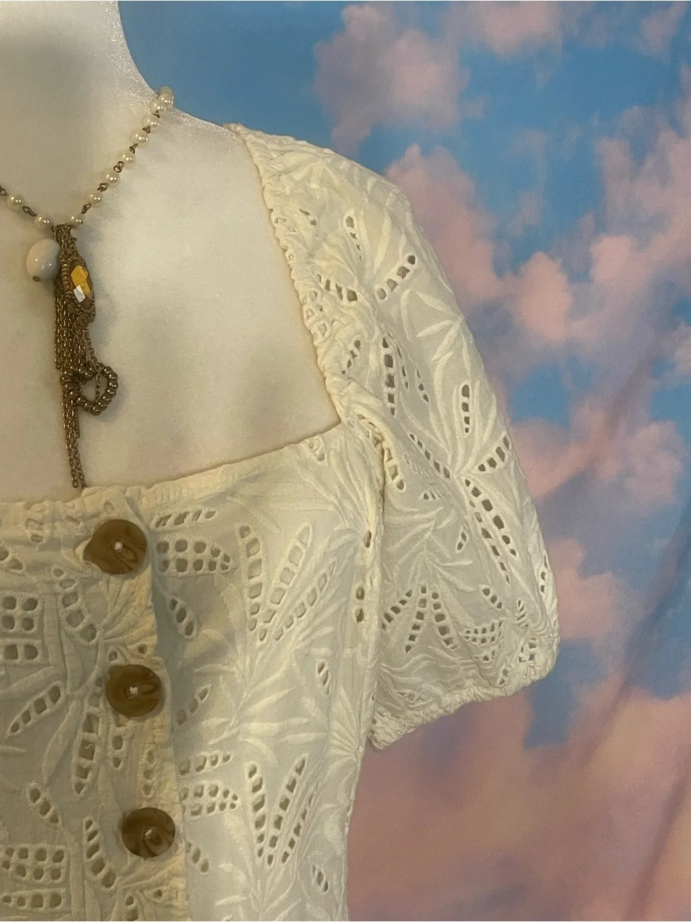 Darling Free People Cream Eyelet Puff Sleeve/ Button-Front Mini Dress